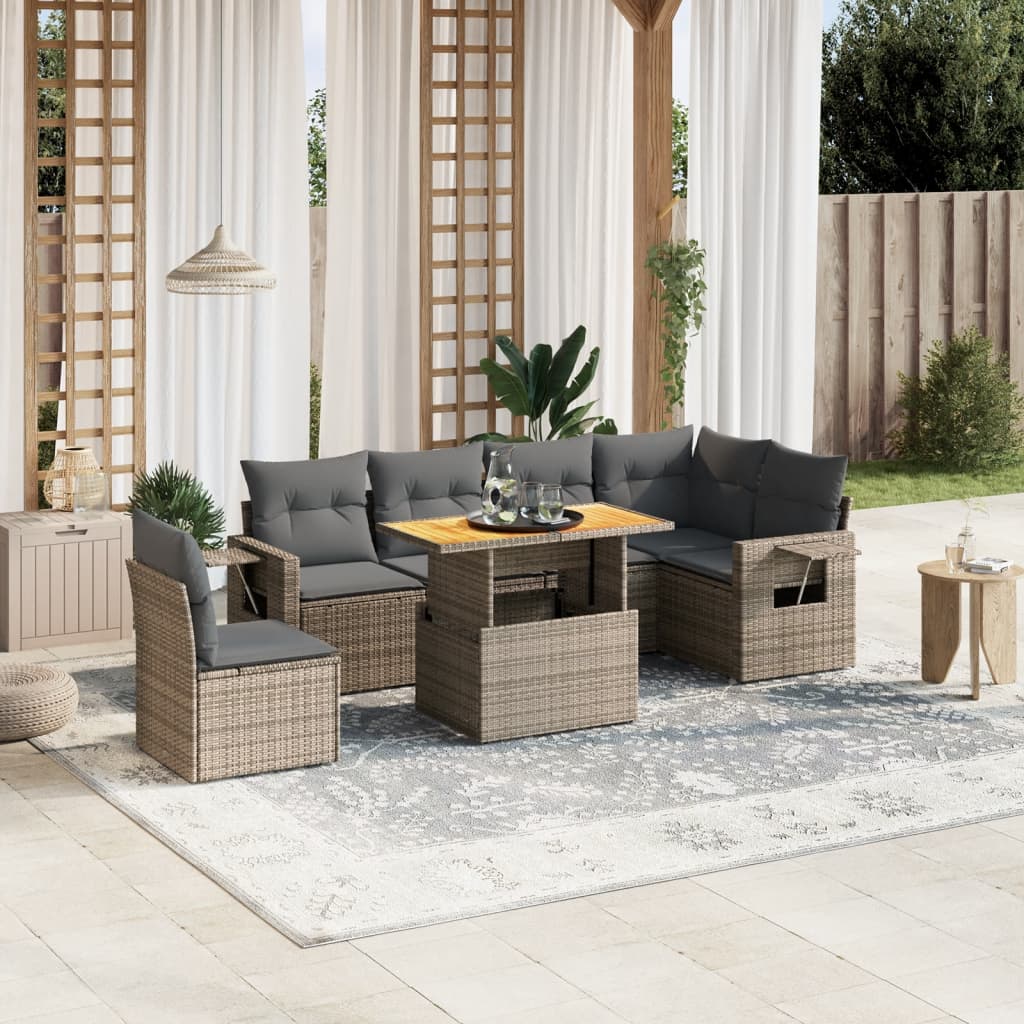 7-tlg. Garten-Sofagarnitur mit Kissen Grau Poly Rattan